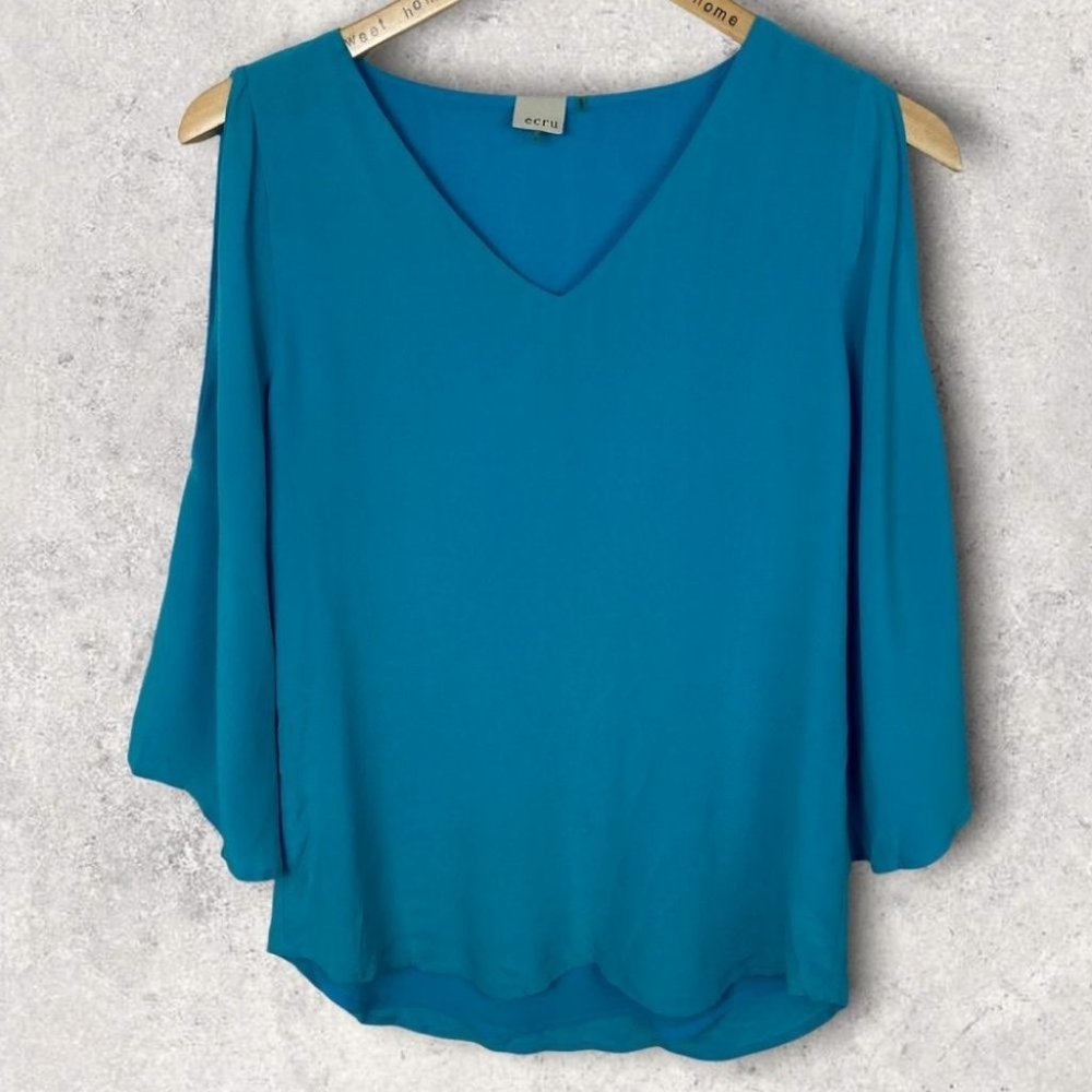 Ecru Aqua Blue Bell Sleeve 100% Silk Blouse Cold Shoulder Oversized V-Neck Top